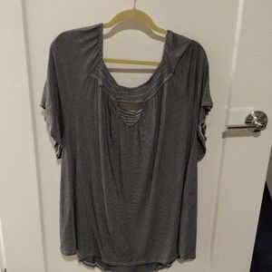 Blue blouse, scoop neck, keyhole in the back